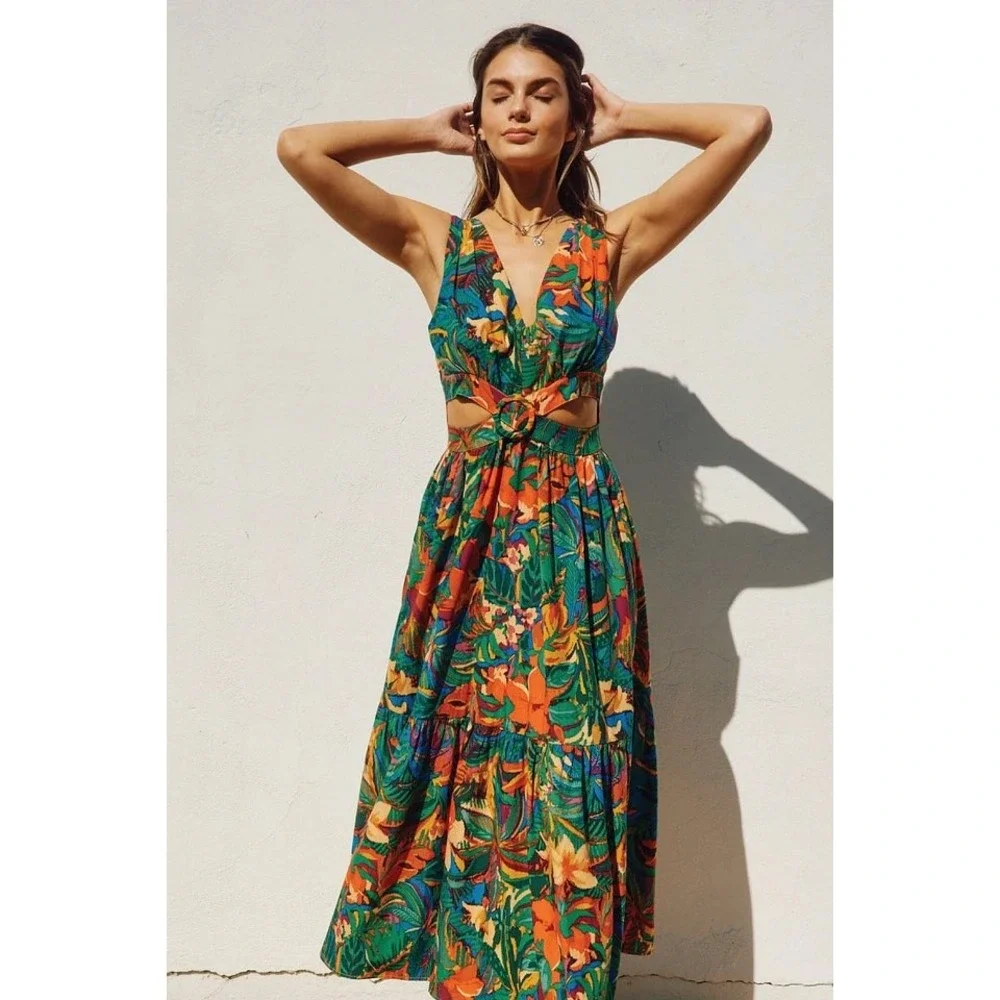 Dress Forum‎ Tropical Floral Cutout Maxi Dress Tie Back Smocked Waist Size L - Picture 2 of 10